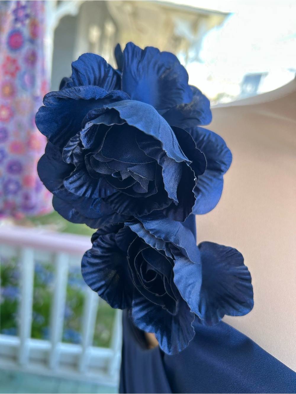 Mon Cheri Navy Evening Gown with Floral Shoulder Accents - Picture 4 of 9